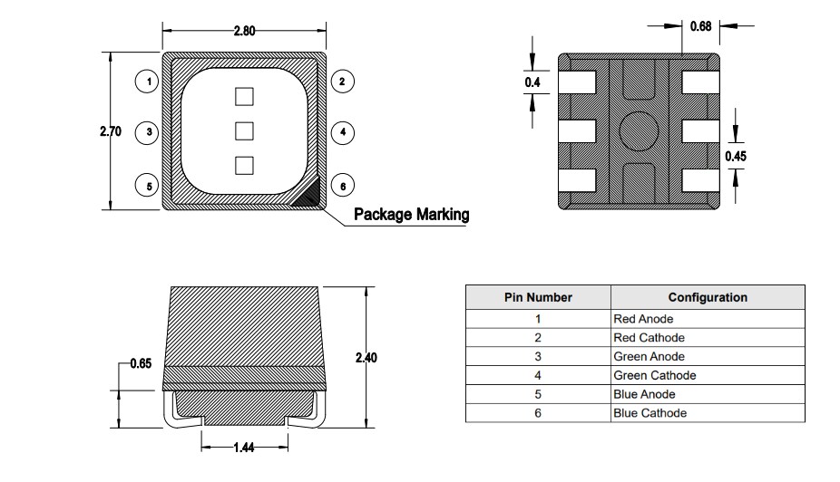 Mechanical Drawing - Broadcom ASCB-UTC2 2828 Tricolor PLCC-6 LED
